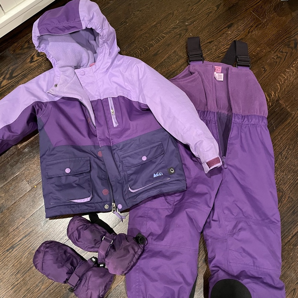 REI jacket snow pants mittens